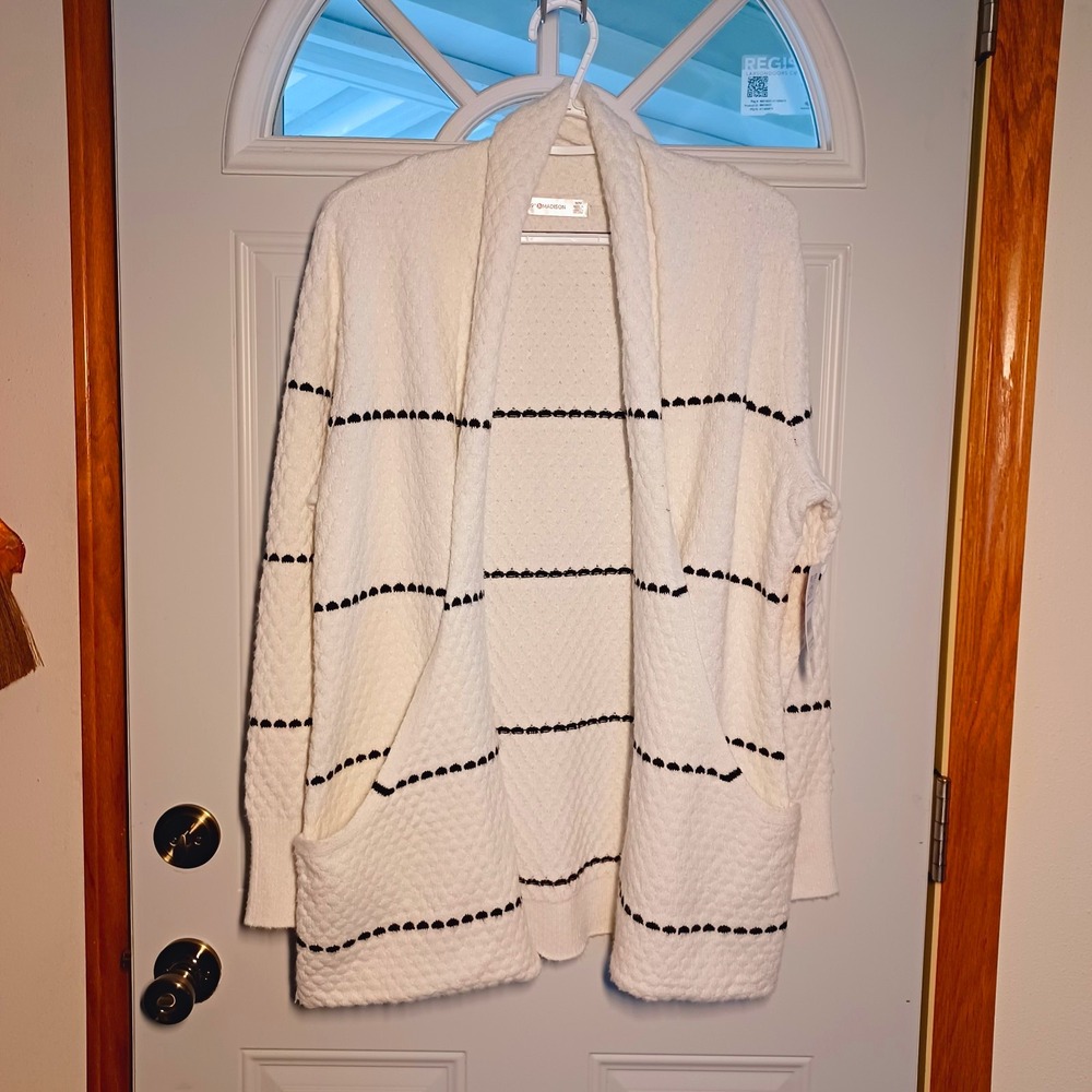 89th & Madison Womens White Black Striped Patch Pocket Soft Cozy Open Cardigan M